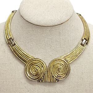Vintage Gold Tone Greek Revival Double Swirl Collar Choker Runway Necklace